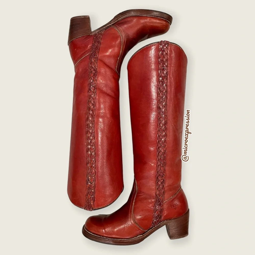 VINTAGE 1970s Frye Leather Red-Brown Leather Braided Knee High Block Heel Boot